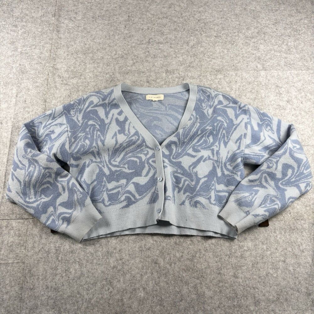 Vintage LA Hearts Blue Gray Abstract Resin Print Cropped Cardigan Womens Medium